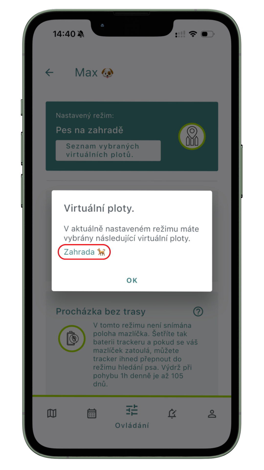 Aktivní režim Pes na zahradě